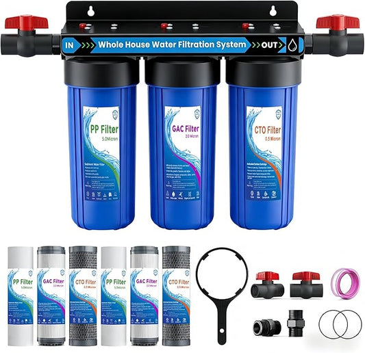 Whole House Water Filter System, Extra 2 Sets Filter, 3 Stage Home Water Filtration System Reduces Chlorine, Sediment, Odor for Healthier Skin, with 2 Valves, 3/4" Ports, for 1-2 Year Use