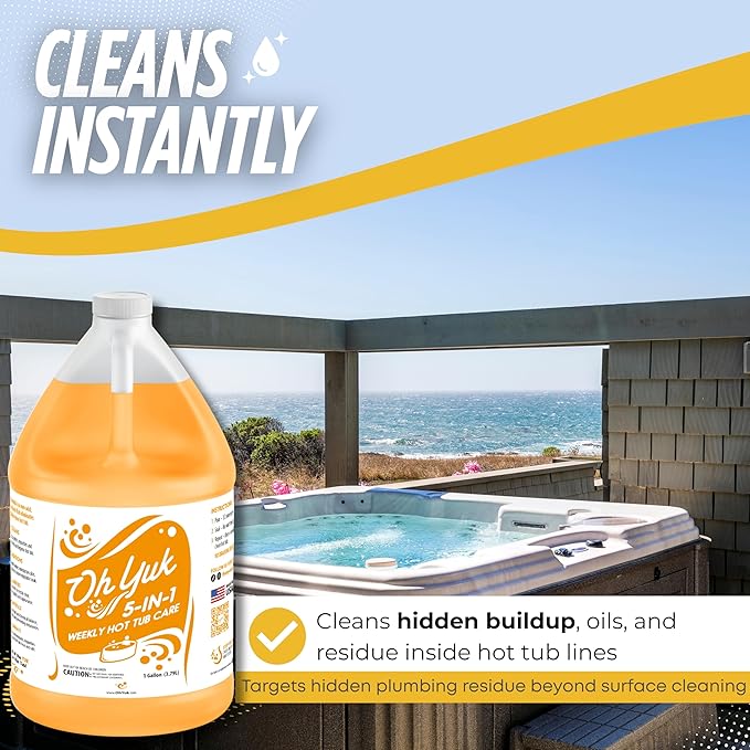 Oh Yuk 5-in-1 Hot Tub Chemicals Weekly Care– Hot tub Clarifier, Spa Cleaner, Water Conditioner – Helps Control Water Balance & Combat Buildup – Spa Care Chemicals for All Types of Hot tubs - 1 Gallon