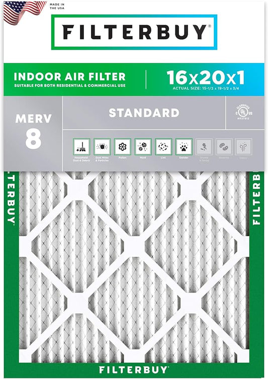 Filterbuy 16x20x1 Air Filter MERV 8 Essential Dust & Allergy Defense (1-Pack), Electrostatic Pleated HVAC AC Furnace Filters Replacement, Made in USA (Actual Size: 15.50 x 19.50 x 0.75)