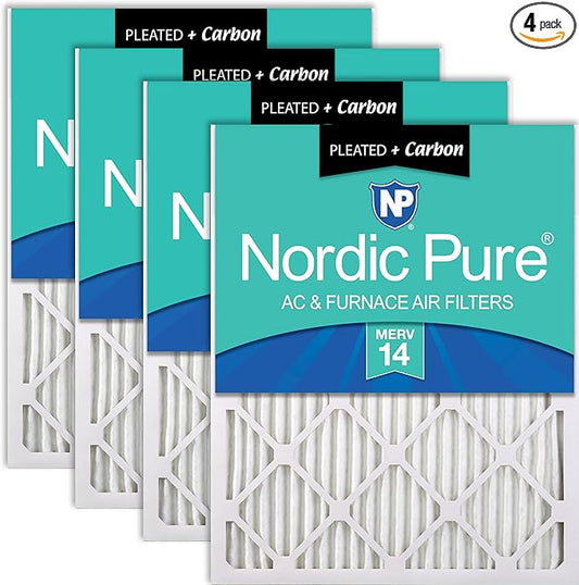 Nordic Pure 20x20x1 (Actual Size: 19 1/2 x 19 1/2 x 3/4) Pleated Air Filters MERV 14 Plus Carbon 4 Pack