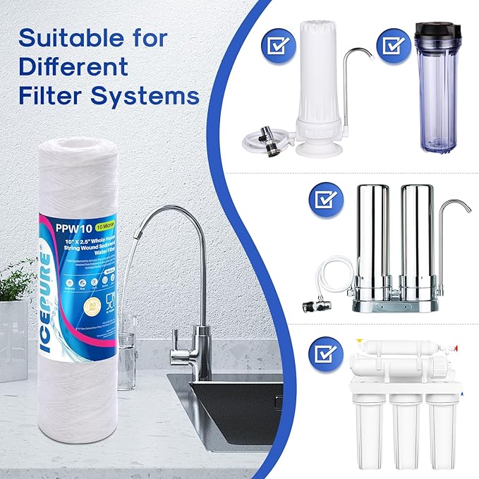 ICEPURE 10 Micron 10" x 2.5" String Wound Sediment Water Filter Cartridge for Well filter Universal Replacement for Any 10 inch RO Unit, WP-5, Aqua-Pure AP110 CFS110 Culligan P5 WFPFC4002 CW-MF, 2PACK