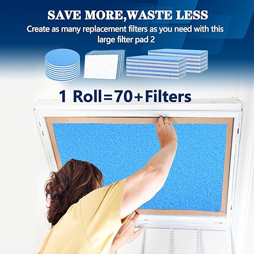 MERV 8 Air Vent Filters, 12" x 140"Cut to Fit Air Filter Material (70+ Filters),Electrostatic Triple Vent Filter for Floor, Ceiling, HVAC Furnace Vents, Includes 48 Adhesive Hook Tape