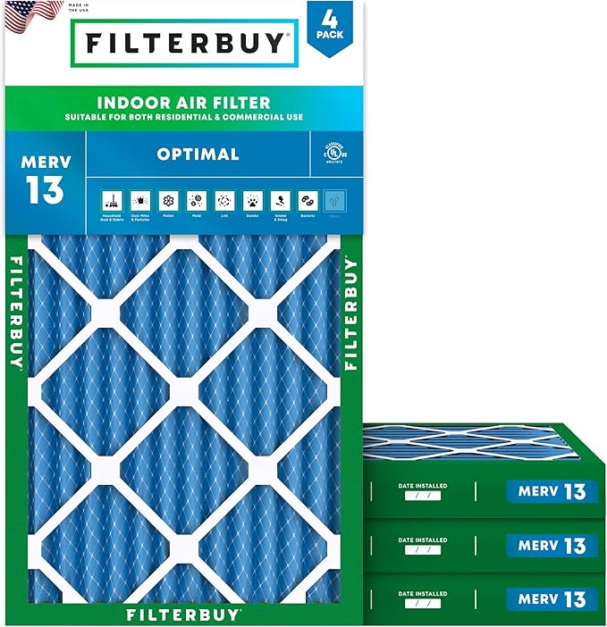 Filterbuy 16x24x2 Air Filter MERV 13 Optimal Smoke & Allergy Defense (4-Pack), Electrostatic Pleated HVAC AC Furnace Filters Replacement, Made in USA (Actual Size: 15.38 x 23.38 x 1.75)