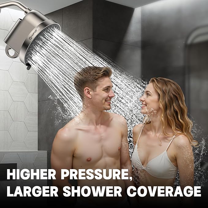 High Flow Filtered Shower Head, HOPOPRO 5 Modes High Pressure Fixed Showerhead with NSF Certified Filter Replacement Cartridge, Remove 99% Chlorine, Improves Skin Hair Condition (6 Inch Brushed)