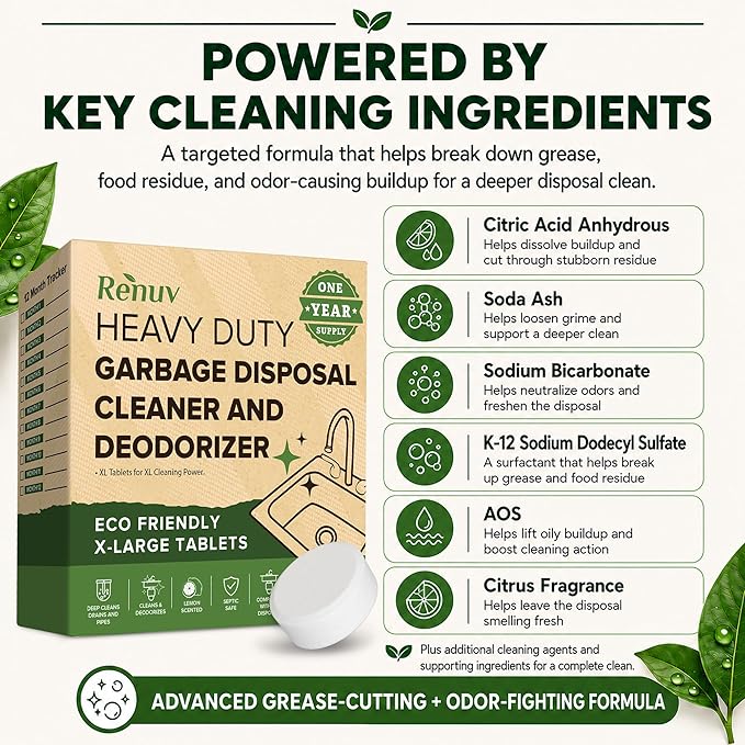 Renuv® Garbage Disposal Cleaner and Deodorizer Tablets Drain Freshener, Foaming Citrus Scent, Sink Odor Refresher for Kitchen Garbage Disposer Cleaning (12 XL Tablets - One Year Supply)
