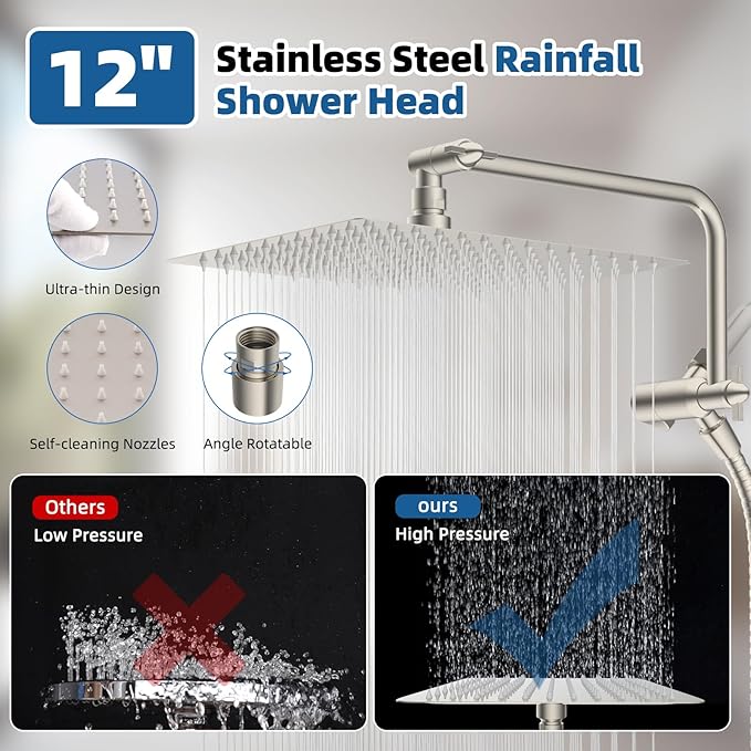 12" All Metal Shower Head, High Pressure 10-Spray Handheld Showerhead Rainfall Shower Head Combo with 11" Adjustable Shower Extension Arm, 71" Hose, Shower Head Holder, Brushed Nickel
