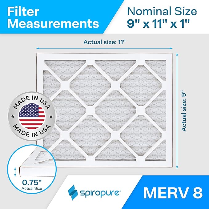 SpiroPure 9x11x1 MERV 8 Pleated Filter Air Filters - Made in USA (6 Pack)