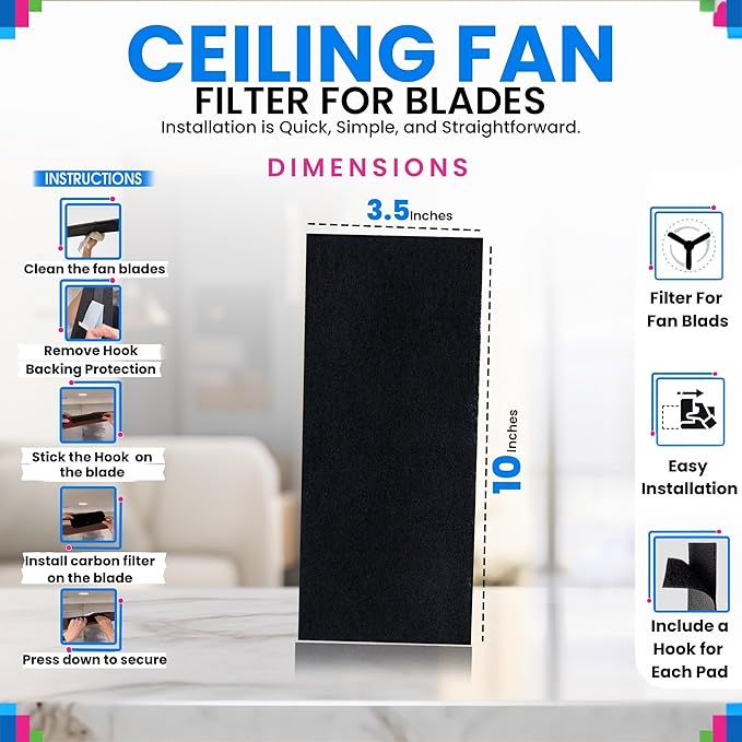 Ceiling Fan Filters for Blades - Coconut Shell Activated Carbon Unscented Dust Catcher Ceiling Fan Filter - Easy Peel & Stick on Fans - Blade Air Purifier Pads Absorbs Odor & Freshens the Air (10-Pcs)
