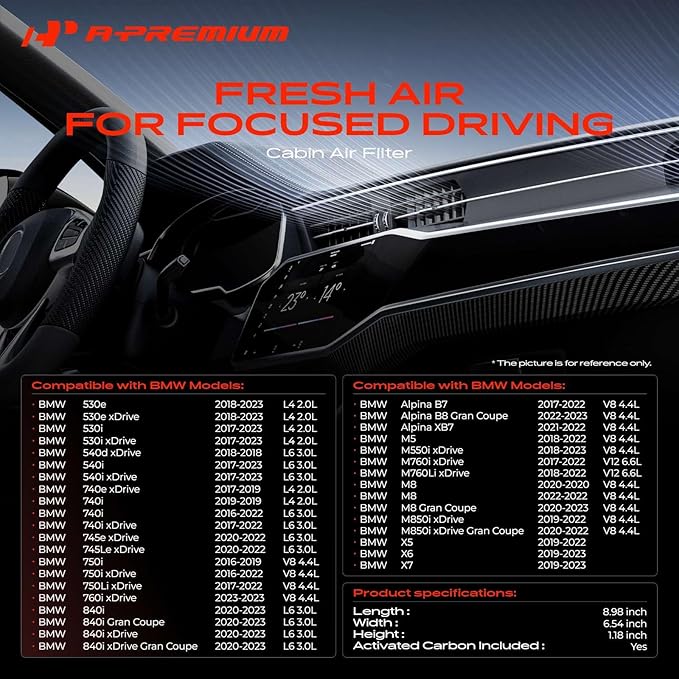 A-Premium 2-PC Cabin Air Filter with Activated Carbon Compatible with BMW 530i, 530i xDrive, X5, X6, X7, 530e, 540i, 540i xDrive, 740i, 750i, 750Li xDrive, 840i, Alpina B7, M5, M550i xDrive, M8