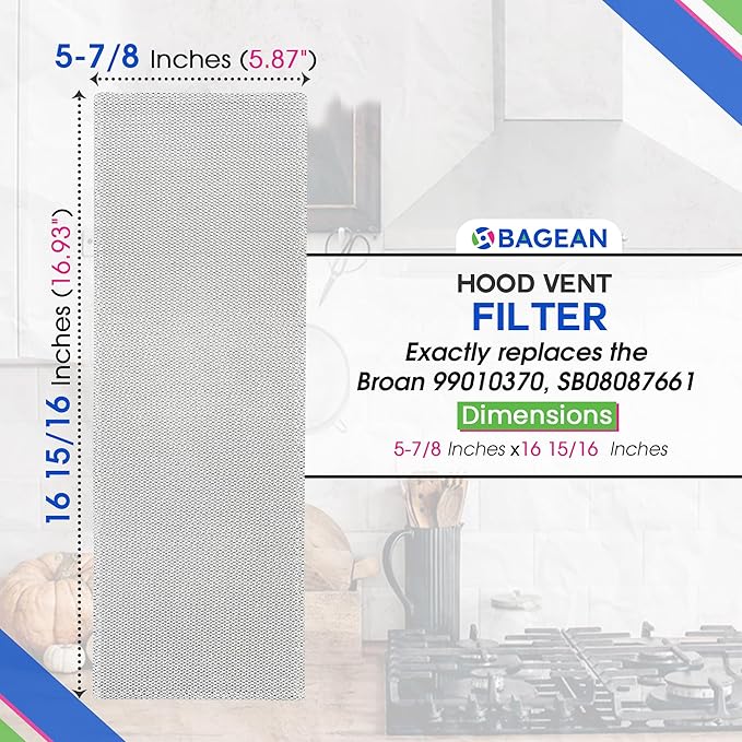 Bagean Stove Hood Vent Filter 5.87” x 16.93” 99010370 Compatible with Broan Range Hood Filter Replacement - Bendable Aluminum Screen for Kitchen Overhead Fan - Blocks Grease & Filters Oven Air (2-Pk)