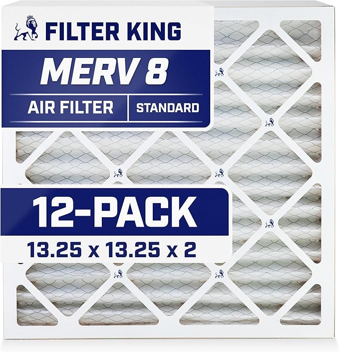 Filter King 13.25x13.25x2 Air Filter (MERV 8) (12-Pack) Dust & Allergy Control AC Furnace Filters, MADE IN USA, HVAC, Pleated, Electrostatic (Actual Size: 13.25 x 13.25 x 1.75)