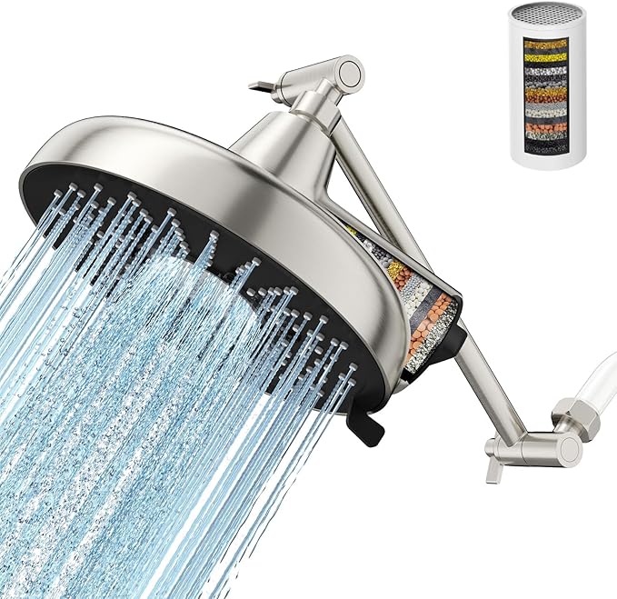 Filtered Shower Head with Extension Arm - EMBATHER 8 Inch Hign Output Showrhead with 3 Spray Settings, 18 Stage Filter for Hard Water, 11" Adjustable Arm, Brushed Nickel,Brass Swivel Ball Jiont