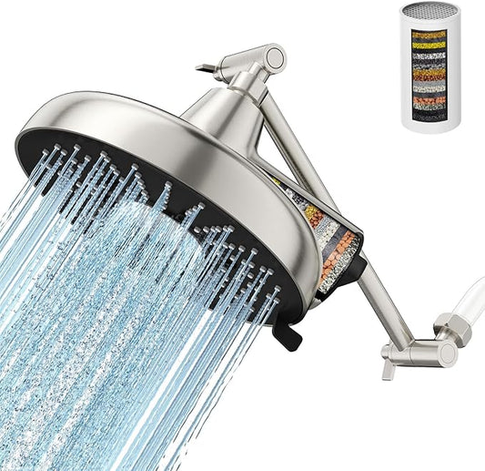 Filtered Shower Head with Extension Arm - EMBATHER 8 Inch Hign Output Showrhead with 3 Spray Settings, 18 Stage Filter for Hard Water, 11" Adjustable Arm, Brushed Nickel,Brass Swivel Ball Jiont