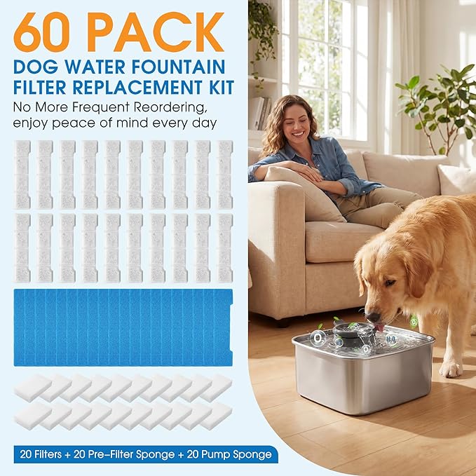 Enhon 60 Pack Dog Water Fountain Filter Replacement Compatible with SIBAYS Kastty 4Gal/15L Pet Fountain Filters, Made of Activated Carbon and PP Cotton, Multilayer Filtration System