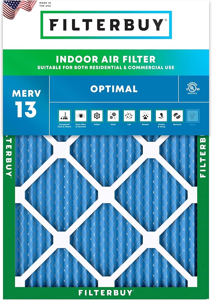 Filterbuy 25x32x1 Air Filter MERV 13 Optimal Smoke & Allergy Defense (1-Pack), Electrostatic Pleated HVAC AC Furnace Filters Replacement, Made in USA (Actual Size: 24.50 x 31.50 x 0.75)