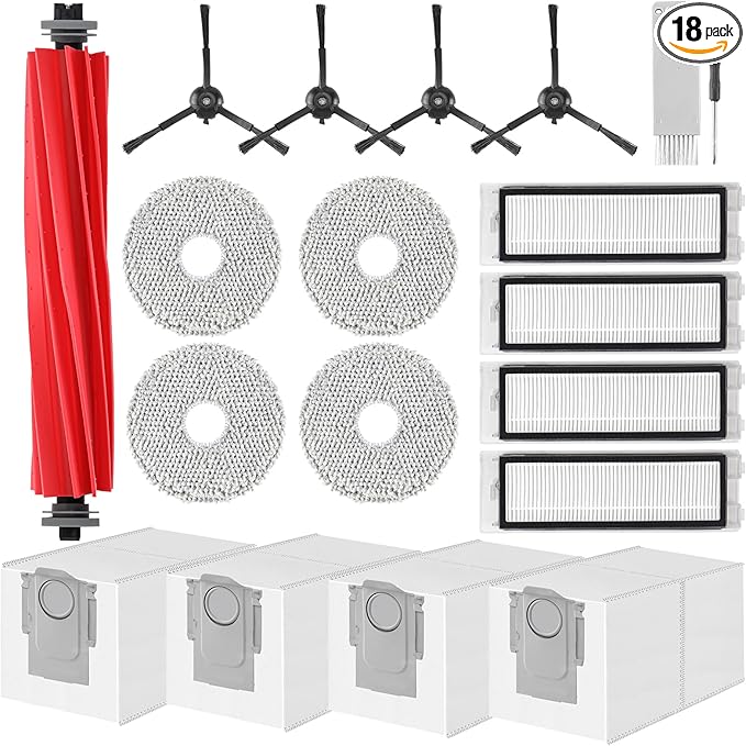 Accessories Kit Replacement for Roborock Q Revo/Qrevo 2R3W, QX Revo/QRT78 Robot Vacuum, 1 Main Brush, 4 Mop Pads, 4 HEPA Filters, 4 Black Side Brushes, 4 Dust Bags, 1 Cleaning Tool