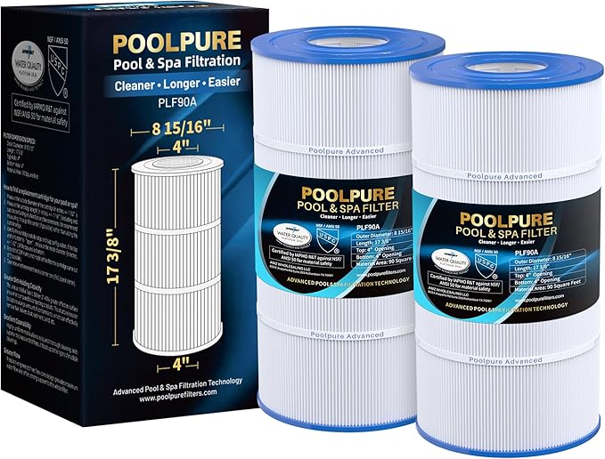 POOLPURE PLF90A Pool Filter Replaces Hayward C900, CX900RE, Pleatco PA90, Ultral-B6, Unicel C-8409, Filbur FC-1292, Sta-Rite PXC95, 90 sq.ft, L x OD: 17 3/8" x 8 15/16" (2 Pack)
