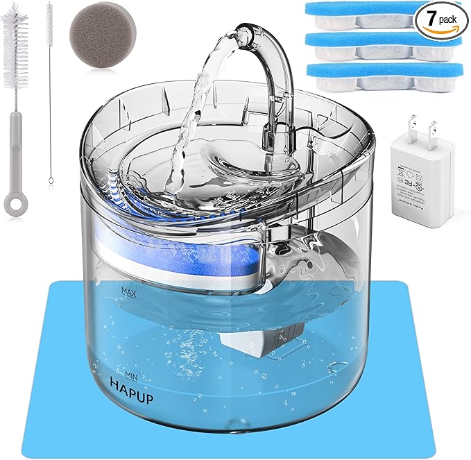 Cat Water Fountain Animal Water Dispenser 61OZ/1.8L Automatic Pet Drinking Fountain with 3 Filter Replacement 1 Pump 1 Cleaning Brush kit 1 Silicone Food Mat 1 Adapter for Cats Kitty Indoor