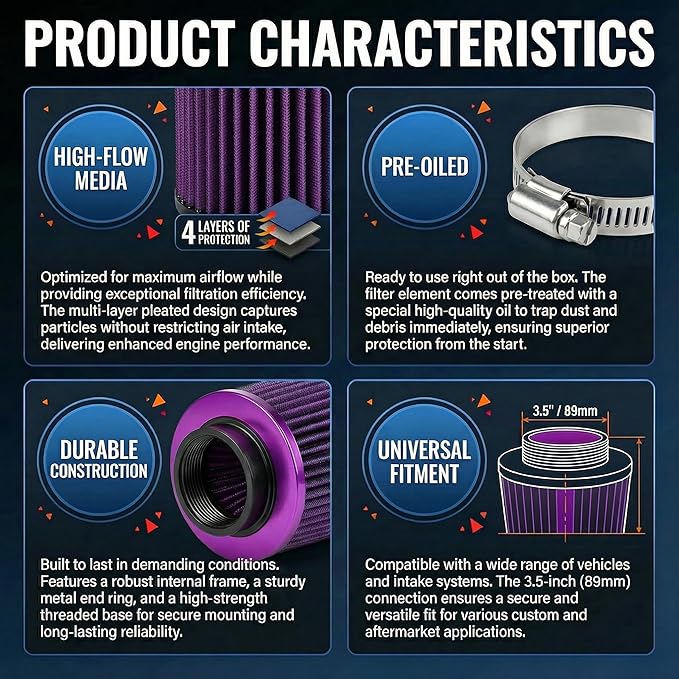 Universal Clamp-On Air Intake Filter, High Performance, Washable Filter, Replacement Air Filter, Flange Diameter 3.5inch/89mm (Purple)