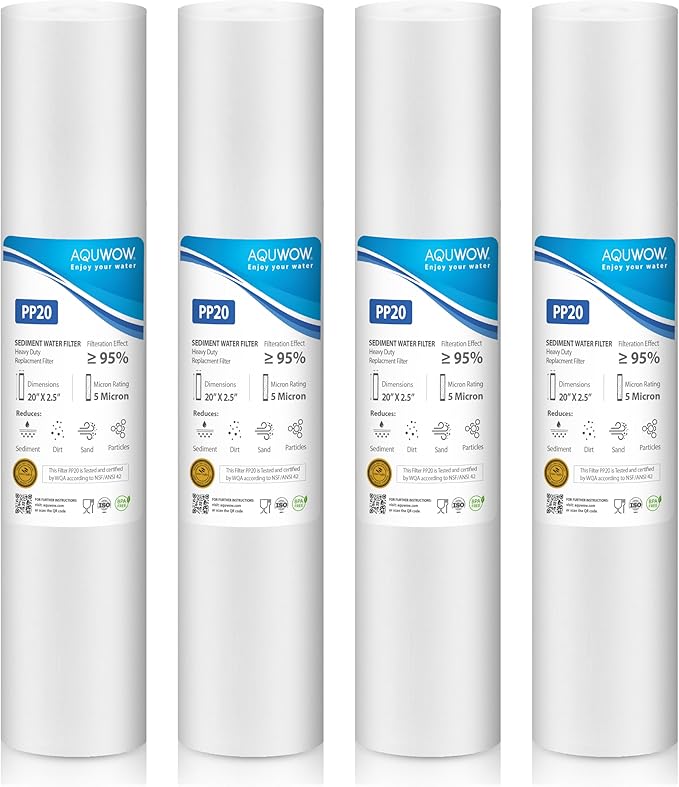 PP20 5 Micron 2.5" x 20" Filter Set – Sediment Replacement Cartridges for Whole House Water Filtration Systems, Universal Standard PP Filters (4, 20 x 2.5)