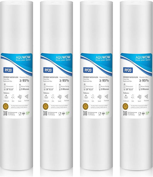 PP20 5 Micron 2.5" x 20" Filter Set – Sediment Replacement Cartridges for Whole House Water Filtration Systems, Universal Standard PP Filters (4, 20 x 2.5)
