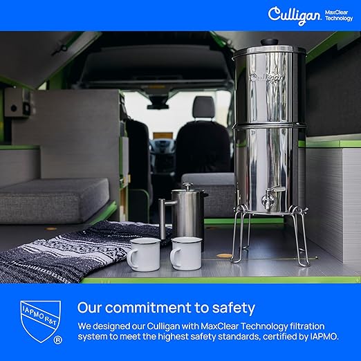 Culligan MaxClear 2.25 Gallon Gravity Water Filter System Removes Microplastics, PFAS & Lead, NSF/ANSI Certified, Polished Stainless-Steel Countertop Filter with 4 Ceramic Filters