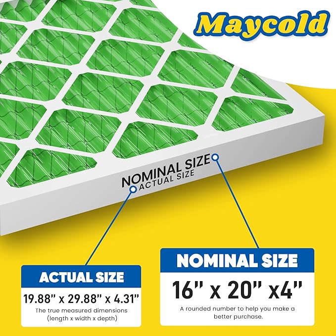 Maycold MERV 13 16x20x4 Air Filter (2-Pack), High-Efficiency Pleated AC & Furnace Filters, Actual Size: 15.88” x 19.88” x 4.31”, Individually Wrapped in Plastic