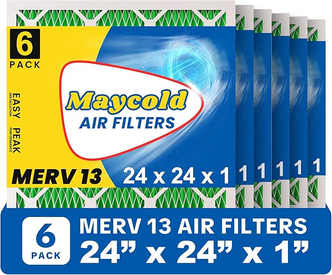 Maycold MERV 13 24x24x1 Air Filter (6-Pack), High-Efficiency Pleated AC & Furnace Filters, Actual Size: 9. 23.70" x 23.70" x 0.75”, Individually Wrapped in Plastic