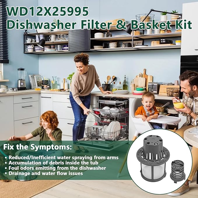 WD12X25995 Ultra Fine Filter and Basket Assembly - Compatible With GE Hotpoint Haier Dishwashers AP6989426 PS16217023 EAP16217023 4962336 Dishwasher Filter Replacement Parts CDT888P2V1S1 CDT805M5N2S5