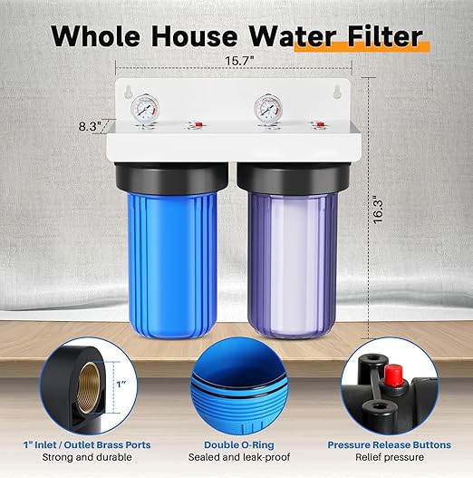 PUREPLUS 2-Stage Whole House Water Filtration System, Reduces Chlorine, Odor, Heavy Metals & Rust, with Pressure Gauges, 10" x 4.5" Clear Housing, 1" Inlet/Outlet, PP Sediment & KDF Carbon Filters