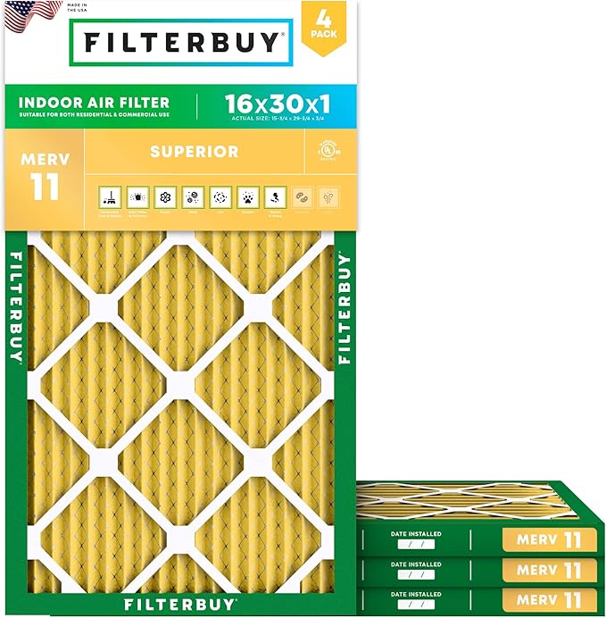 Filterbuy 16x30x1 Air Filter MERV 11 Superior Pet & Allergy Defense (4-Pack), Electrostatic Pleated HVAC AC Furnace Filters Replacement, Made in USA (Actual Size: 15.75 x 29.75 x 0.75)