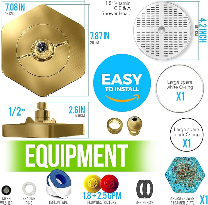 AquaHomeGroup Luxury Rain Shower Head with Filter - Reduces Chlorine, Rust and Sediment - Vitamin C E and A - High Pressure - Spa Effect - Golden