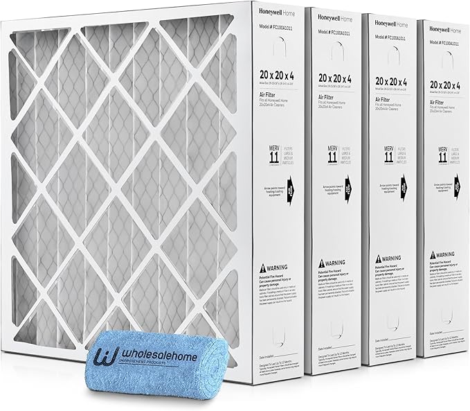 20x20x4 Air Filter Replacement MERV 11, FC100A1011 Pleated HVAC AC Furnace Filters with Wholesalehome Cleaning Cloth, 4-Pack (Actual Size: 19.94 x 19.75 x 4.38 Inches)