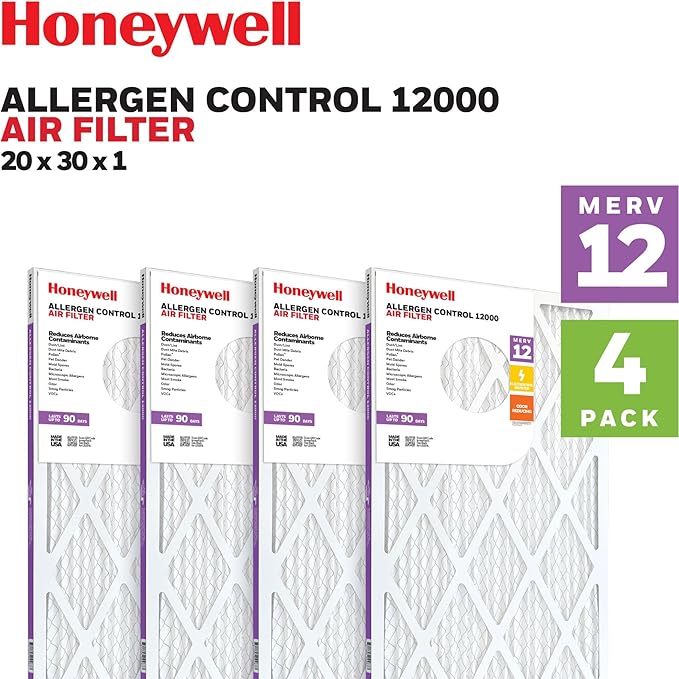 Honeywell 20x30x1 MERV 12 Electrostatic Pleated HVAC AC Furnace Air Filter (4-Pack) | Replacement Filter for Home Use | Made in USA