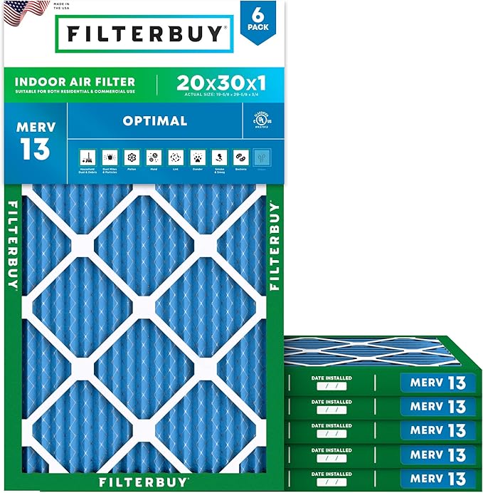 Filterbuy 20x30x1 Air Filter MERV 13 Optimal Smoke & Allergy Defense (6-Pack), Electrostatic Pleated HVAC AC Furnace Filters Replacement, Made in USA (Actual Size: 19.63 x 29.63 x 0.75)