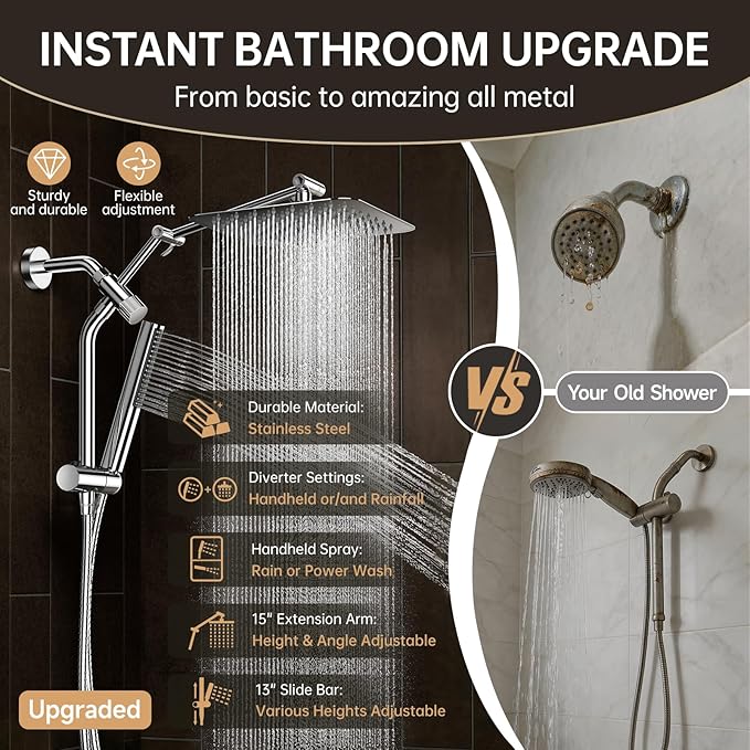 Veken All Metal 10" Shower Head with Handheld, Luxurious Square Double Rain Shower Heads,Power Wash Wand,Dual High Pressure Detachable Rainfall Showerhead with Spray Combo,Extension Arm,Chrome,Sliver