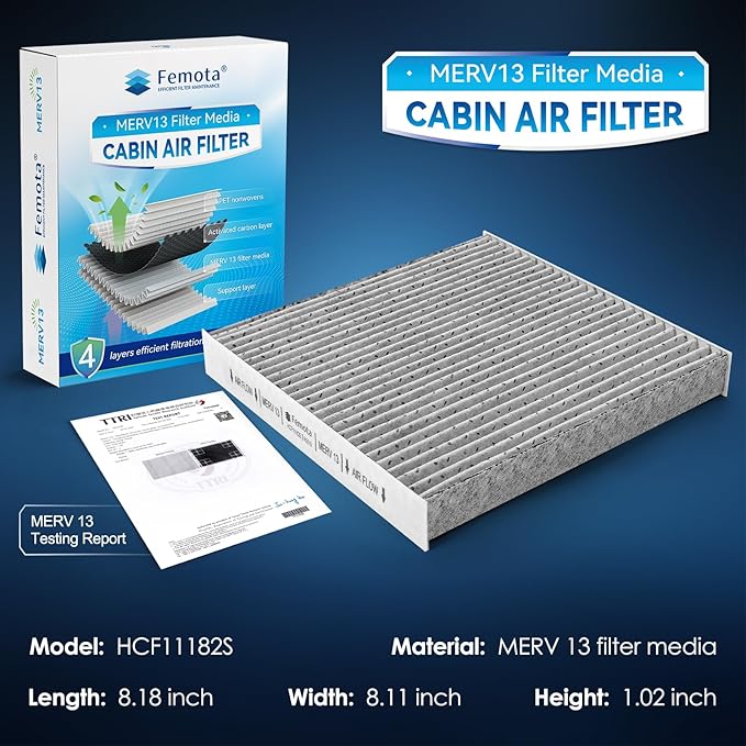 Certified MERV 13 Cabin Air Filter with Activated Carbon, CF11182 for Honda Civic/Clarity/CR-V/CR-Z/Fit/HR-V/Insight, Acura RDX/TLX/MDX/Integra.