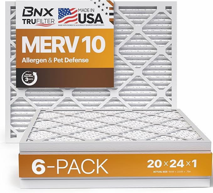 BNX TruFilter 20x24x1 MERV 10 (6-Pack) AC Furnace Air Filter - MADE IN USA - Pleated Air Conditioner HVAC AC Furnace Filters - Removes Odor, Mold, Bacteria, Smoke