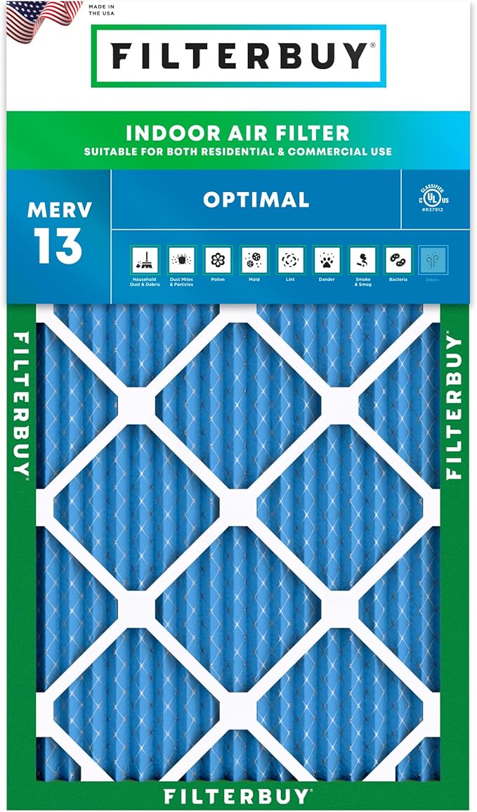 Filterbuy 12x25x1 Air Filter MERV 13 Optimal Smoke & Allergy Defense (1-Pack), Electrostatic Pleated HVAC AC Furnace Filters Replacement, Made in USA (Actual Size: 11.75 x 24.75 x 0.75)