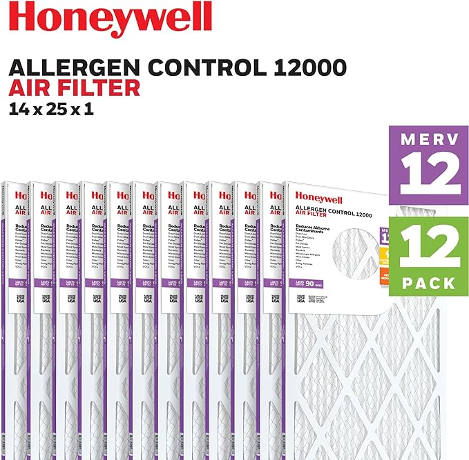 Honeywell 14x25x1 MERV 12 Electrostatic Pleated HVAC AC Furnace Air Filter (12-Pack) | Replacement Filter for Home Use | Made in USA