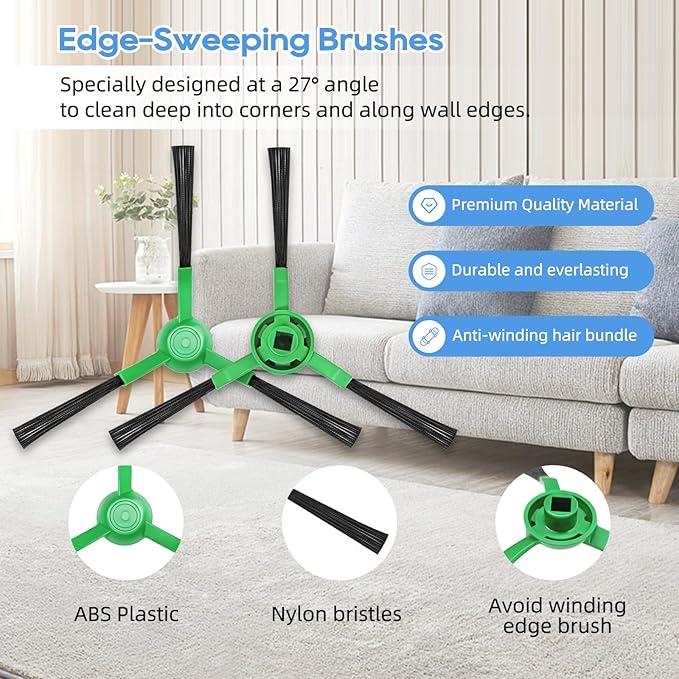 Replacement Parts for iRobot Roomba Combo & Vac Essential Series (RVG-Y1) Y0140 Y0110 Q0120 Q0110 Q0520 104 105 106 108 1010 1020, 2 Main Brushes, 8 Side Brushes, 8 Filters, 1 Tool (19 Pack)