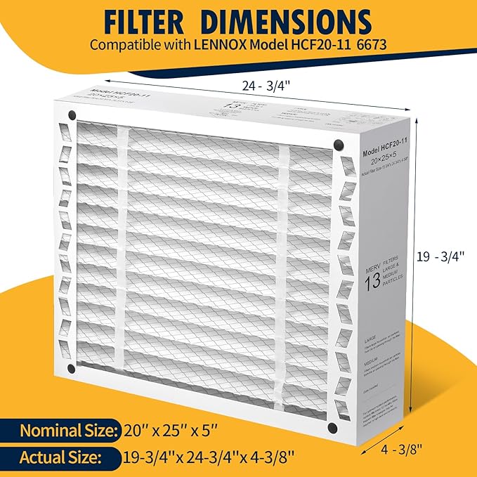 DerBlue 2PCS 20x25x5 MERV 13 Furnace Filter Replacement Compatible with Lennox X6673 HCF20 Pleated HVAC,Foldable Design for Easy Installation & Space-Saving (Actual Size: 19.75 x 24.75 x 4.38 In)