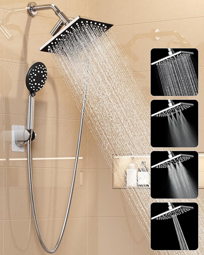 Veken High Pressure Rain Shower Head with Handheld, Square Rainfall Shower Heads with 5-Mode Handheld Spray Combo, Detachable Hand Held Showerhead with Hose, Double Regaderas Para, Chrome