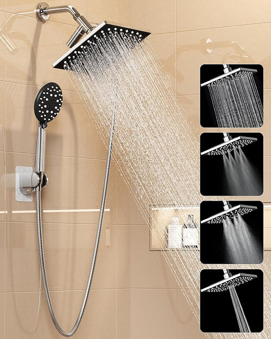 Veken High Pressure Rain Shower Head with Handheld, Square Rainfall Shower Heads with 5-Mode Handheld Spray Combo, Detachable Hand Held Showerhead with Hose, Double Regaderas Para, Chrome