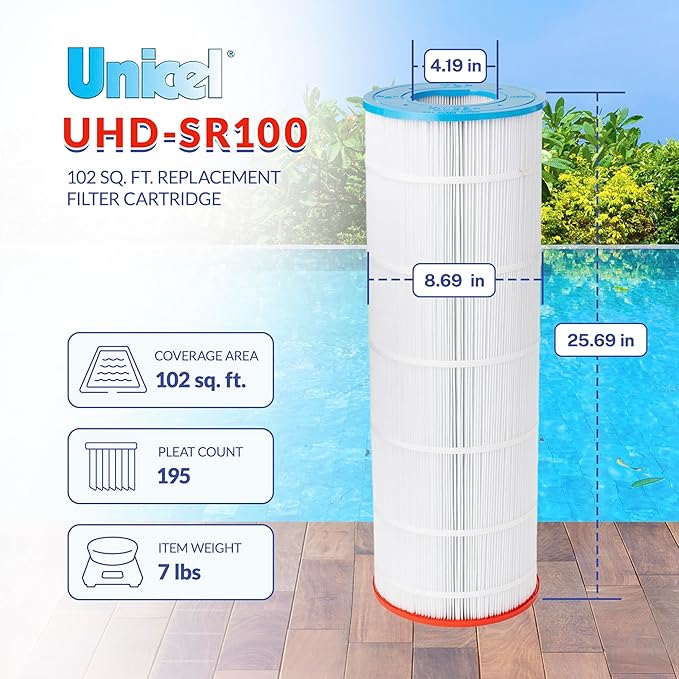 Unicel UHD-SR100 102 Square Foot 4 Oz Media Replacement Swimming Pool Filter Cartridge, 195 Pleats, Compatible with Sta-Rite Posi-Flo Models