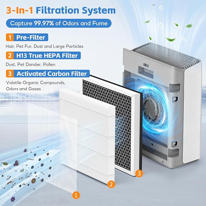 2-pack Europa Replacement Filter Compatible with Afloia Europa Air Purifier, True HEPA 3-in-1 Filter for Pet Hair Dander Odor Dust Smoke Pollen