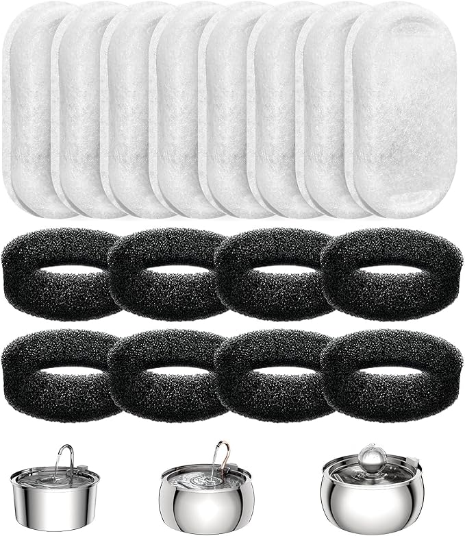 Official Tomxcute Cat Water Fountain Replacement Filters - 16 Pack Cat Fountain Filter for 3.2L/108oz & 4L/135oz Pet Water Fountain, Three-Layer Filtration Replacement Filters(8+8 Pack), 4 Month Set