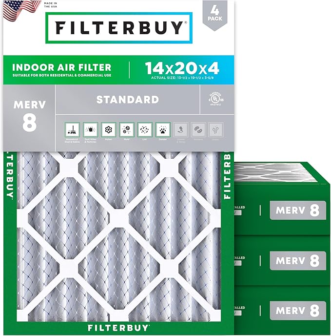Filterbuy 14x20x4 Air Filter MERV 8 Essential Dust & Allergy Defense (4-Pack), Electrostatic Pleated HVAC AC Furnace Filters Replacement, Made in USA (Actual Size: 13.50 x 19.50 x 3.63)