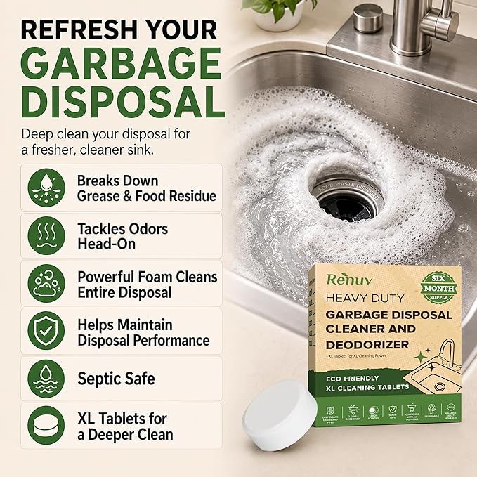 Renuv® Garbage Disposal Cleaner and Deodorizer Tablets Drain Freshener, Deodorizer, Cleaner for Garbage Disposer Cleaners (6 XL Tablets - 6 Months Supply)