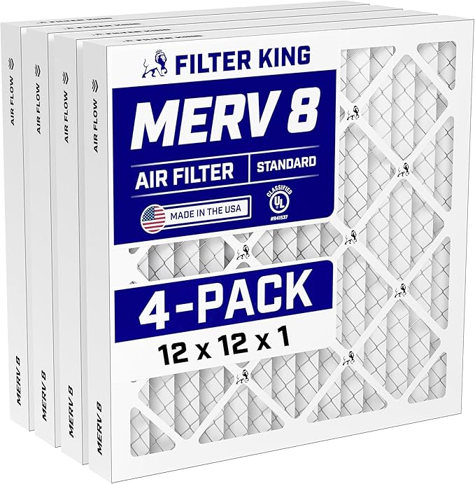Filter King 12x12x1 Air Filter (MERV 8) (4-Pack) Dust & Allergy Control AC Furnace Filters, MADE IN USA, HVAC, Pleated, Electrostatic (Actual Size: 11.5 x 11.5 x .75)